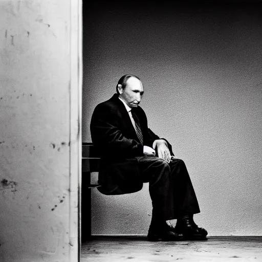 Image similar to a very sad and old wrinkled vladimir putin ( ( in prison clothes sitting on prison bench in prison ) ). detailed professional 3 5 mm black and white photo by don mccullin and anders petersen world press photo award