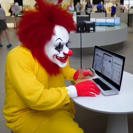 Prompt: scary clown working at an apple store