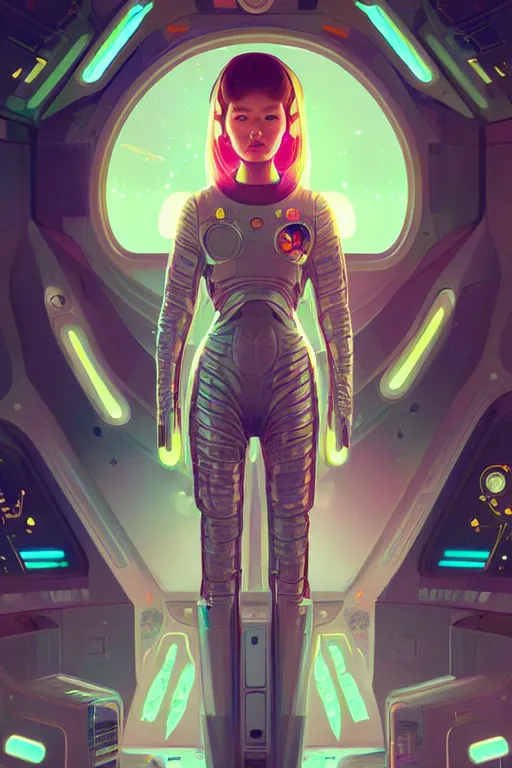 Prompt: portrait armored astronaut girl, inside spaceship command room viewing galaxy, ssci-fi neon light and fantasy, intricate and very very beautiful and elegant, highly detailed, digital painting, artstation, concept art, smooth and sharp focus, illustration, art by tian zi and WLOP and alphonse mucha