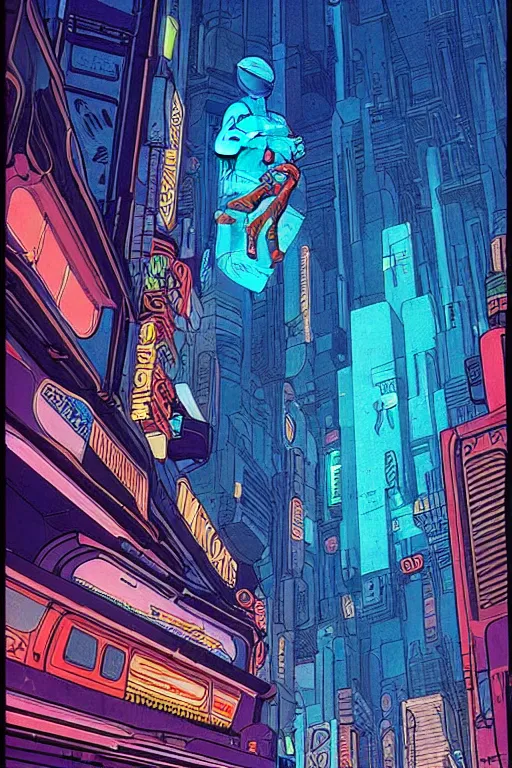 Image similar to A picture of an astronaut in a upside down cyberpunk city by moebius, neon lights, surreal
