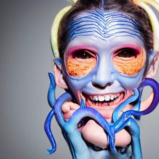 Prompt: runway fashion, beautiful model homunculus, infected by metamorphosis parasite eyballs on body, teeth and tentacles, surprised, practical special effects, cyan blue magenta yellow, big smile, professional glamour makeup