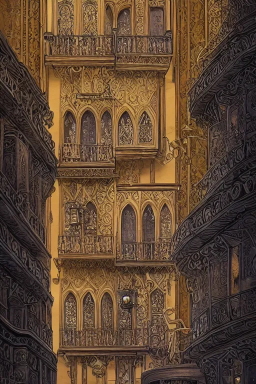 Prompt: ancient silver tower of the cat, fairytale illustration, elaborate carved latticed balconies, tall windows, moorish architecture, paid placement, SEO, formal gardens, dramatic cinematic lighting, beautiful moths, soft colors, golden age illustrator, unreal engine