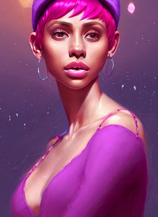 Image similar to portrait of vanessa morgan with bright pink hair, curly pixie cut hair, wearing a purple breton cap, breton cap, hoop earrings, intricate, elegant, glowing lights, highly detailed, digital painting, artstation, concept art, smooth, sharp focus, illustration, art by wlop, mars ravelo and greg rutkowski