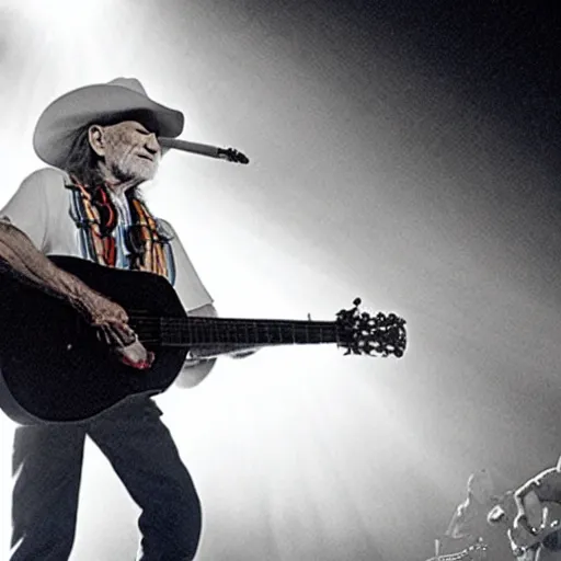 Image similar to willie nelson on stage, detailed, guitar. god rays through fog.