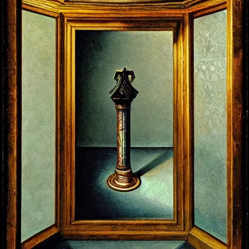 Prompt: still life painting of a room with a marbled pedestal displaying an ancient holy artifact centered in frame and shaped like a torus, chromed and ornate with gentle iridescent shine from within. perspective from the side and centered. realistic light and shadows. moody fantasy magical, still life renaissance pastel painting. focused