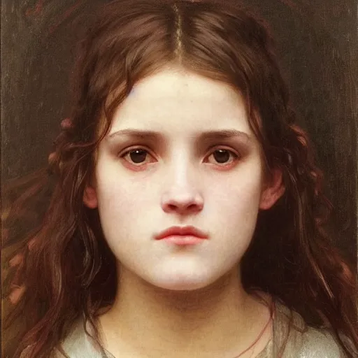 Image similar to a realistic face portrait of a teenage girl who looks like Uma Thurmond and Winona Ryder with an anxious expression and slightly open mouth, wearing ragged Jedi robes and holding a lightsaber, by William-Adolphe Bouguereau, John William Waterhouse, Frederic Leighton, Alphonse Mucha, Edward Burne Jones
