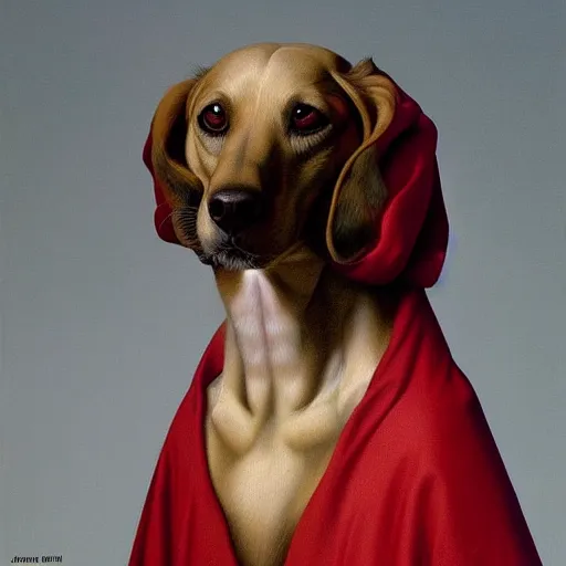 Prompt: a painting of a dog wearing a red cape, a flemish baroque by dino valls, trending on zbrush central, classical realism, flemish baroque, hyper realism, chiaroscuro