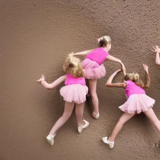 Prompt: group of tiny girls dancing around the rim of a toilet bowl. Perspective photograph