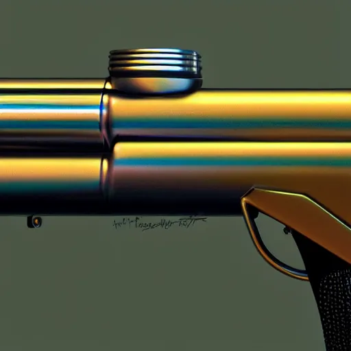 Image similar to unstable exotic matter powered sci - fi ray - gun concept, well defined mechanical features, triadic chrome shading, iridescent liquid energy tank, dark background, softglow, sharp focus, full device, vintage style, charcoal and champagne