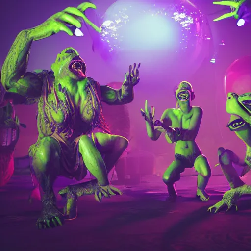 Image similar to goblins partying at a rave, green skin, octane render, 8 k, fantasy