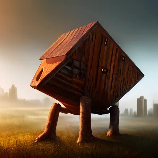 Image similar to a walking wood house with two mechanical legs and two glowing eyes and two hands, rust, hyperrealistic, pareidolia, highly detailed, cinematic, single ray of sun, fog, city in background, beautiful, cgssociety, artstation, 8 k, oil painting