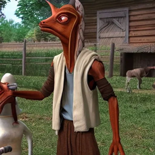 Prompt: jar jar binks working on his farm