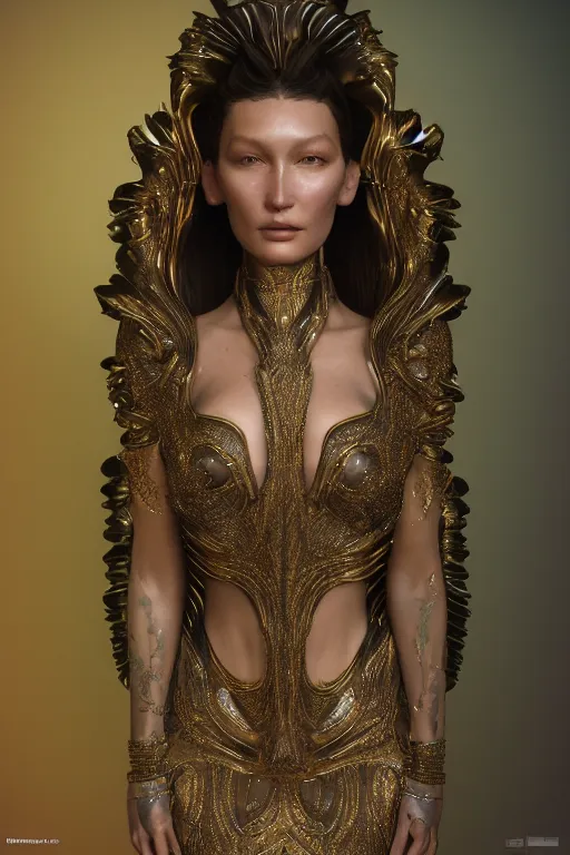 Image similar to a highly detailed metahuman render portrait of an alien goddess bella hadid in iris van herpen dress schiaparelli in diamonds and jewelry in style of alphonse mucha trending on artstation made in unreal engine 4