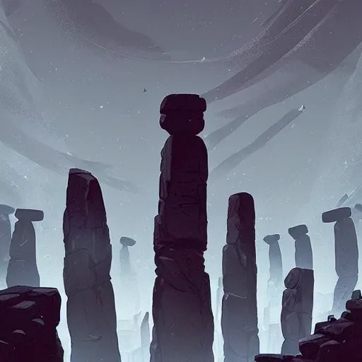 Prompt: giants built stonehenge by hand key visual, ambient lighting, highly detailed, digital painting, artstation, concept art, sharp focus by kilian eng greg tocchini