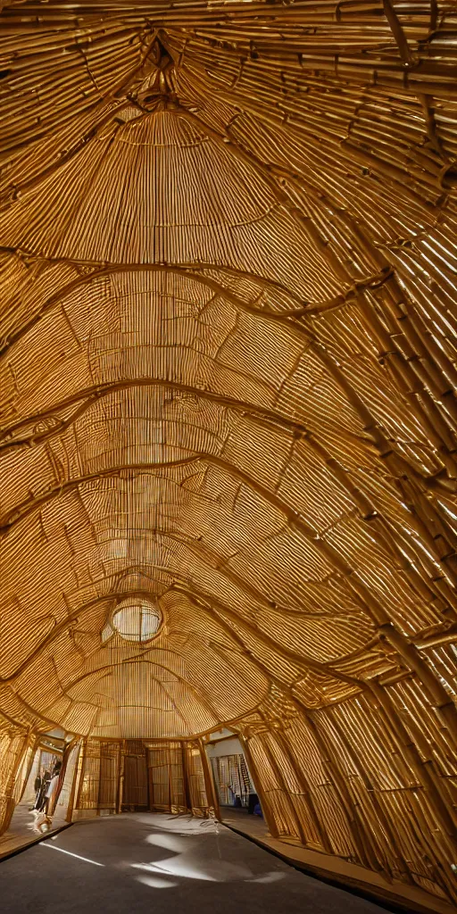 Prompt: inside small pavilion made of bamboo. complex curved vaulting structure. a large crowd at a party. architectural photography. coronarender, 4 k, 8 k. volumetric lighting.