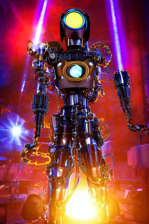 Image similar to portrait photo of a giant huge golden and blue metal humanoid steampunk cyborg female singer with gears and tubes, in the foreground is a big red glowing microphone, eyes are glowing red lightbulbs, shiny crisp finish, 3 d render, 8 k, insaneley detailed, fluorescent colors, background is multicolored lasershow