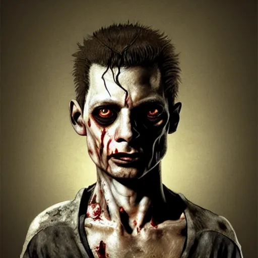 Prompt: young martin from depeche mode as a zombie with light eyes, 7 days to die zombie, gritty background, fine art, award winning, intricate, elegant, sharp focus, cinematic lighting, digital painting, 8 k concept art, art by michael hussar, art by brom, art by guweiz and z. w. gu, 8 k