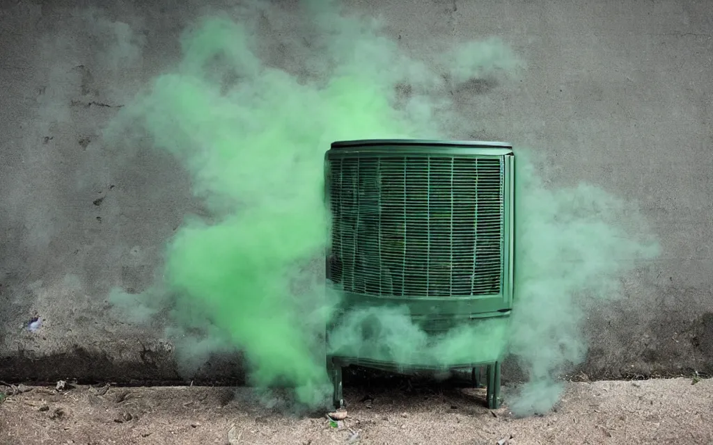 Image similar to evil ac unit after the apocalypse, green smoke