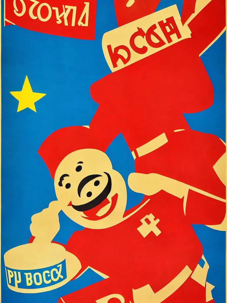 Prompt: Soviet Propaganda poster cereal box mascot colorful red socialist realism