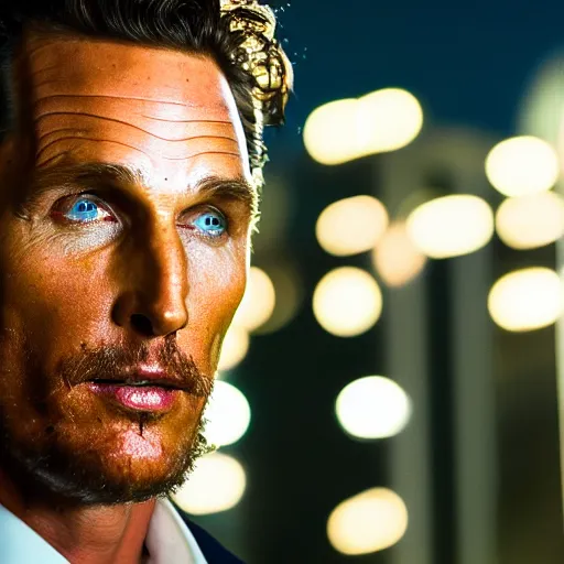 Image similar to a still of Mathew McConaughey. Close up. Shallow depth of field. City at night in background, lights, colors ,studio lighting, mood, 4K. Profession photography