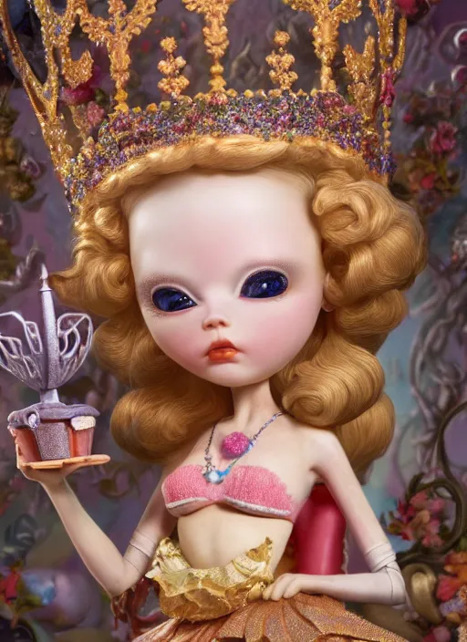 Image similar to highly detailed closeup, profile portrait of a tin toy fairytale princess wearing a crown eating cakes, bikini, unreal engine, nicoletta ceccoli, mark ryden, earl norem, lostfish, global illumination, detailed and intricate environment