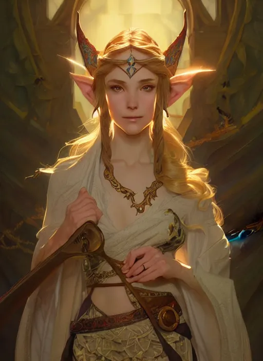 Image similar to zelda, fantasy, intricate, elegant, highly detailed, digital painting, artstation, concept art, wallpaper, smooth, sharp focus, illustration, art by artgerm and greg rutkowski and alphonse mucha