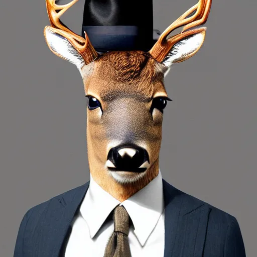 Image similar to a upper body portrait of a deer in a pinstriped suit and pants wearing a fedora with the antlers sticking out of the fedora by artgerm and wlop, intricate detail, digital art, photorealistic, trending on artstation