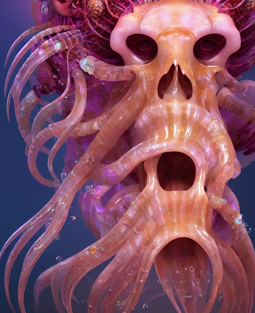 Image similar to goddess princess face close-up portrait ram skull. jellyfish phoenix head, nautilus, orchid, skull, betta fish, bioluminiscent creatures, intricate artwork by Tooth Wu and wlop and beeple. octane render, trending on artstation, greg rutkowski very coherent symmetrical artwork. cinematic, hyper realism, high detail, octane render, 8k