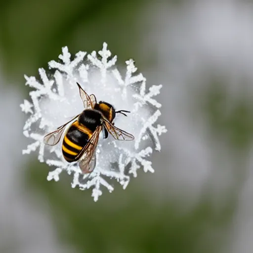 Image similar to a bee finding a beautiful snowflake flower, only snow in the background, beautiful macro photography, ambient light