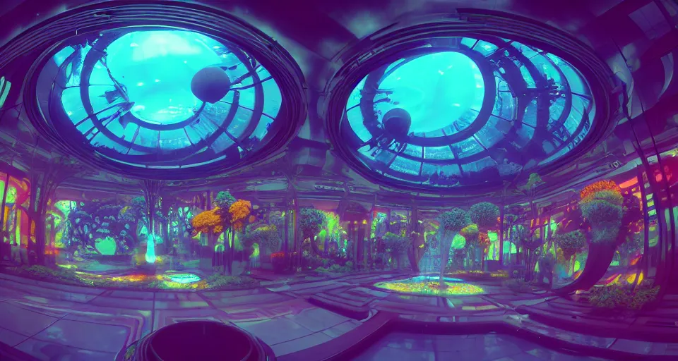 Image similar to fish eye lens a bright minimalist bioluminescent 3 d render by beeple, warm coloured, cinematic scifi luxurious futuristic foggy steam filled victorian garden mall interior with microscopy radial windows flowers growing out of pretty bulbous ceramic fountains, gigantic pillars and flowers, maschinen krieger, star trek, star wars, ilm, atmospheric perspective