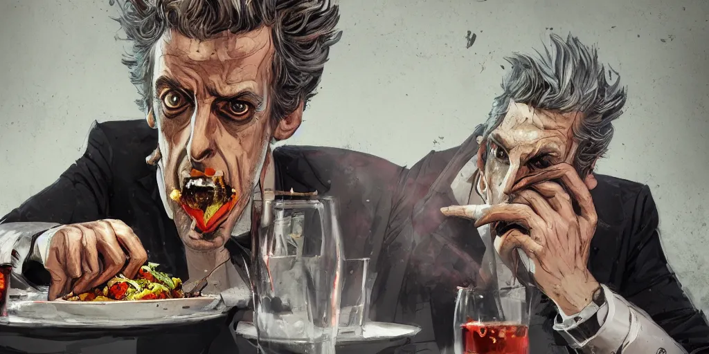 Image similar to cartoonish peter capaldi eating dinner, vivid colors, character sheet, fine details, concept design, contrast, kim jung gi, greg rutkowski, trending on artstation, 8 k, full body, turnaround, front view, back view, ultra wide angle