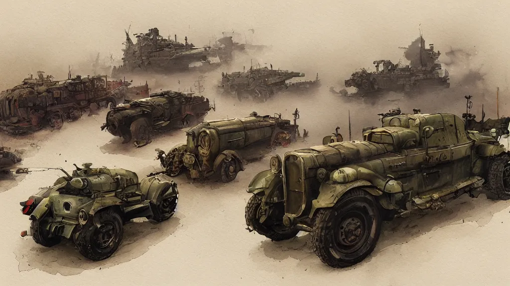 Image similar to overview of dieselpunk vehicles, watercolored, jakub rozalski, dark colours, dieselpunk, artstation