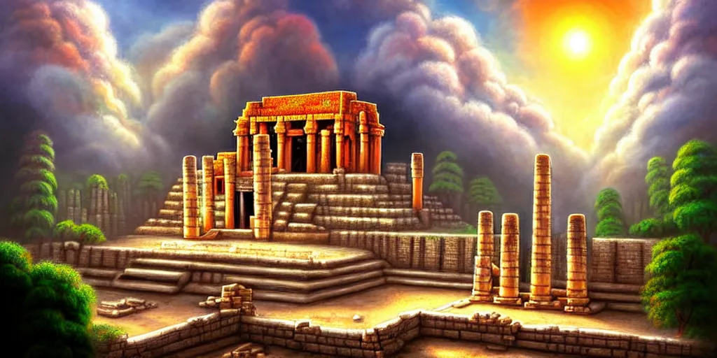 Image similar to illusion painting hidden temple in the clouds : an adorable small fox in the huge ruins of the second temple in jerusalem. a new temple hovers quietly hiding in the dreamy clouds above. a hooded bearded old man in a brown tunic laughing, colorful 8 k, art station, intricate superb details, digital art, illusion painting hidden image.