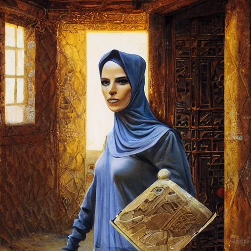 Image similar to detailed face of an arabic woman, opulent courtyard, moment, tectonic sky, skydome, reactor, utopian, tech noir, wet reflections, prism, atmospheric, ambient, pj crook, syd mead, livia prima, artgerm, greg rutkowski, nick alm, casey baugh