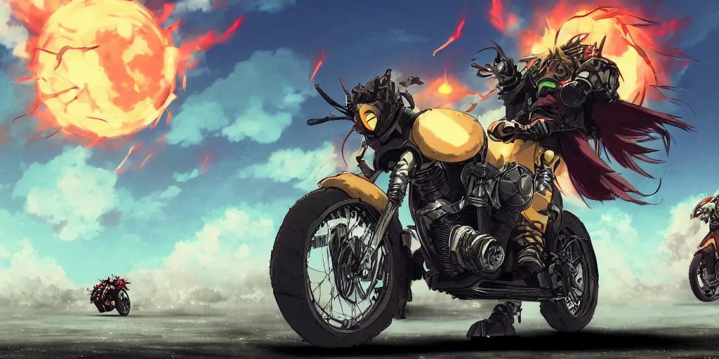 Image similar to high quality anime movie still, motorcycle, stylized action shot of an orc popping a wheelie on a motorcycle, menacing orc, clear focused details, soft airbrushed artwork, black background, apocalyptic, studio ghibli, miyazaki, anime style