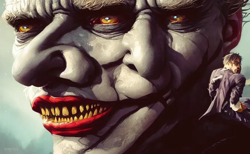 Image similar to highly detailed portrait of christoph waltz as the joker, in batman comic book, stephen bliss, unreal engine, fantasy art by greg rutkowski, loish, rhads, ferdinand knab, makoto shinkai and lois van baarle, ilya kuvshinov, rossdraws, tom bagshaw, global illumination, radiant light, detailed and intricate environment