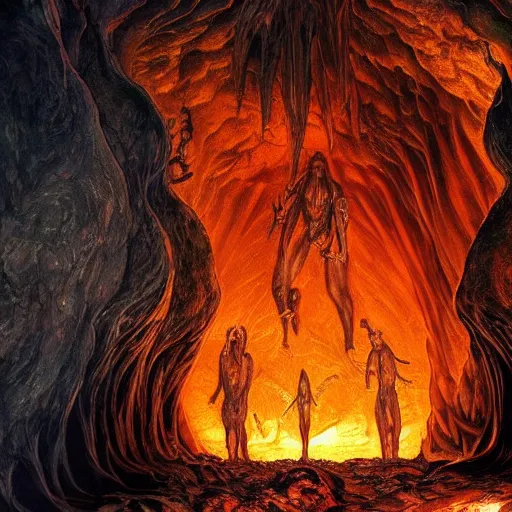 Image similar to deep in a large open cavern in a crystal cave there is a gigantic demonic portal to hell, fantastic composition