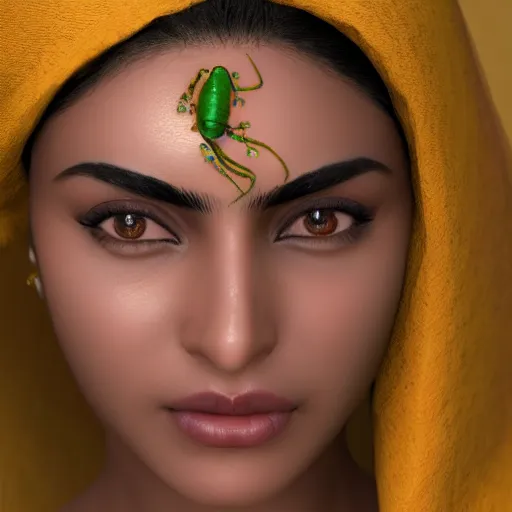 Image similar to a close-up on the beautiful face of an Indian woman in her 20s with a beetle crawling on her chin, trending on artstation, micro-details, 8k.