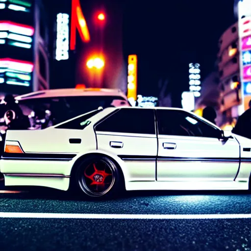 Image similar to a car JZX100 at illegal car meet, Shibuya prefecture, city midnight mist, cinematic color, photorealistic, highly detailed, 200MM