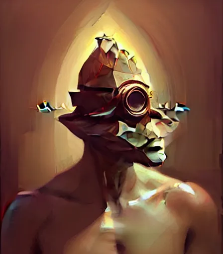 Prompt: man wearing a fully reflective mitre that covers his eyes, symmetrical, beautiful illustration, ultra-detailed, passionate, geometric, mtg, style of craig mullins and peter mohrbacher