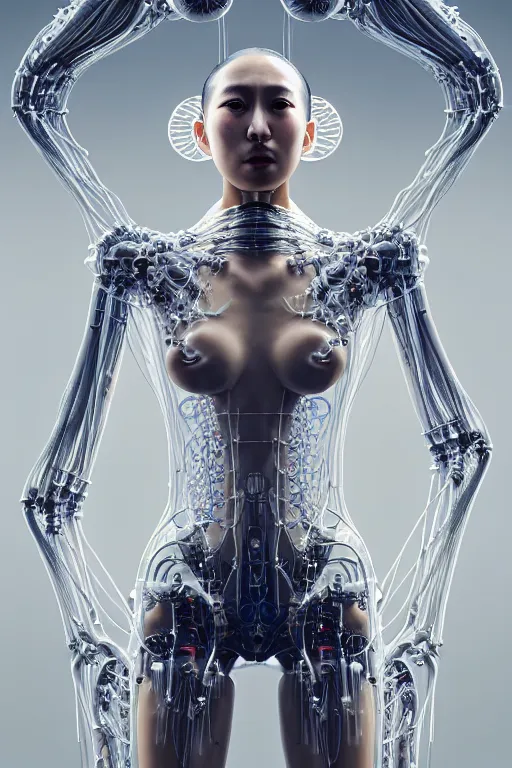 Image similar to beautiful young asian woman, iris van herpen, perfect symmetrical body, full body shot, inflateble shapes, wires, tubes, veins, jellyfish, white biomechanical details, wearing epic bionic cyborg implants, masterpiece, intricate, biopunk, vogue, highly detailed, artstation, concept art, cyberpunk, octane render