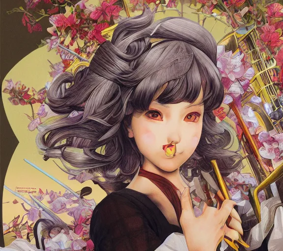Prompt: ' touhou girl studying jazz music ', beautiful shadowing, 3 d shadowing, reflective surfaces, illustrated completely, 8 k beautifully detailed pencil illustration, extremely hyper - detailed pencil illustration, intricate, epic composition, masterpiece, bold complimentary colors. stunning masterfully illustrated by artgerm, range murata, alphonse mucha.