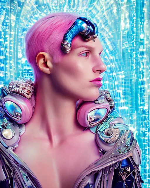 Image similar to natural light, soft focus portrait of a cyberpunk anthropomorphic orca with soft synthetic pink skin, blue bioluminescent plastics, smooth shiny metal, elaborate ornate head piece, piercings, skin textures, by annie leibovitz, paul lehr