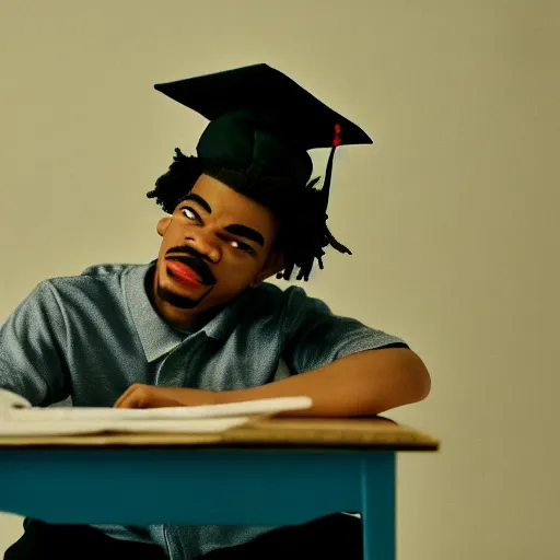 Image similar to a cinematic film still of a claymation stop motion film starring chance the rapper as a college student, shallow depth of field, 8 0 mm, f 1. 8