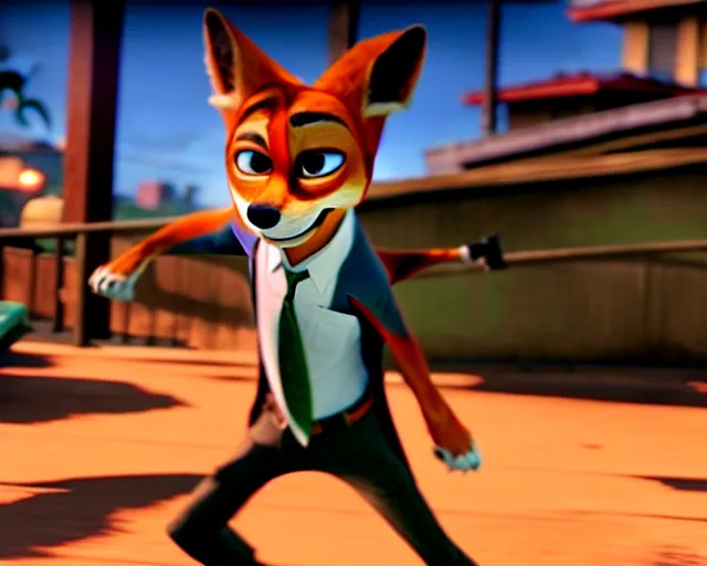 Image similar to nick wilde as max payne 3 set in gritty neo - noir zootopia, battle through the favela / furvela