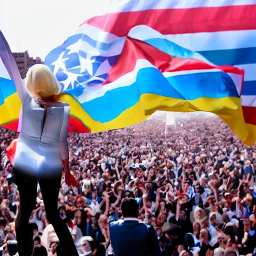 Image similar to Lady Gaga as president, Argentina presidential rally, Argentine flags behind, bokeh, giving a speech, detailed face, Argentina