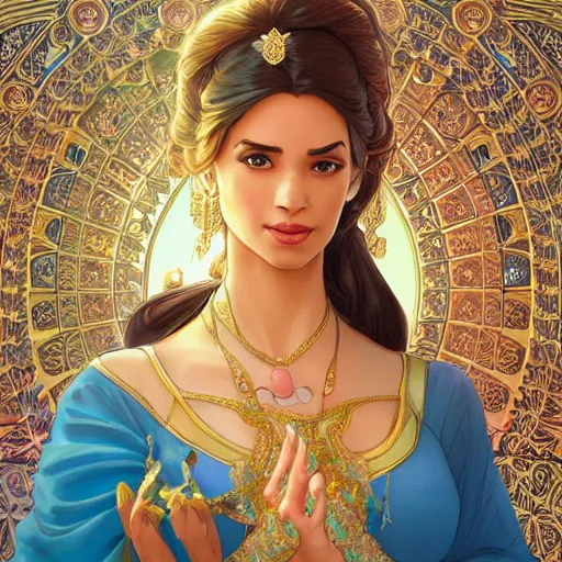 Prompt: beautiful princess jasmine, disney, palace background, intricate, elegant. highly detailed, digital painting, artstation, concept art, smooth, sharp, focus, illustration. art by artgerm and greg rutkowski and alphonse mucha