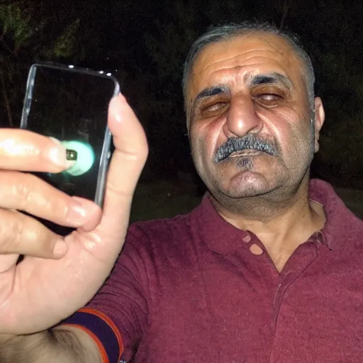 Prompt: my Kurdish dad accidentally taking a selfie with the front camera, squinting because the camera flash is so bright in his face, 4k uhd photo