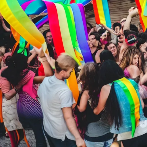 Prompt: people dancing with rainbow ribbons of color