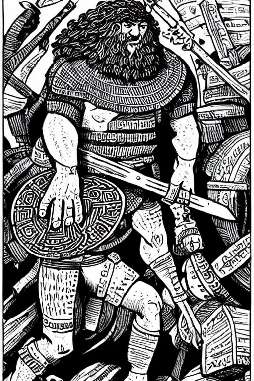 Image similar to ancient historically accurate depiction of the Bible Character Goliath of Gath, the Philistine warrior giant by mcbess